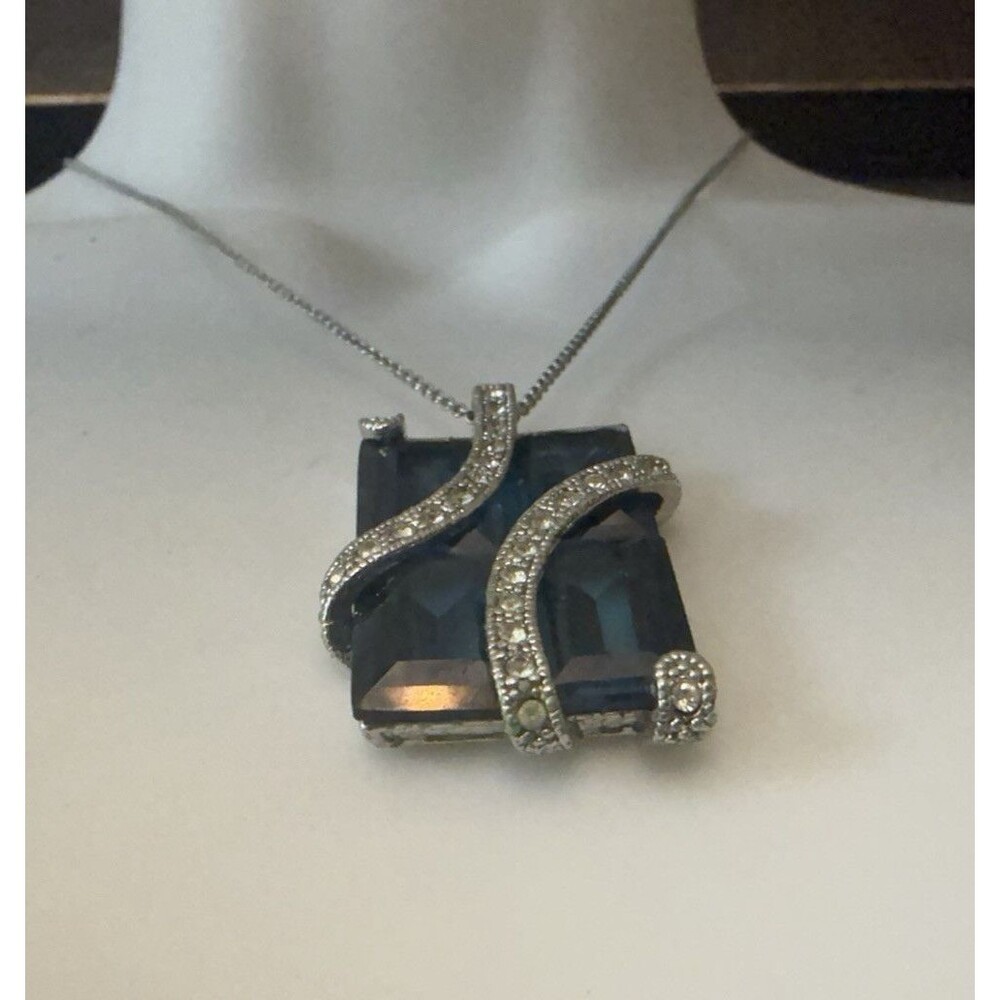 Signed Nolan Miller Rectangular Blue Crystal Pendant Necklace, Silver-Tone
